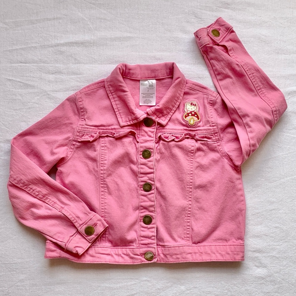 Hello Kitty Embroidered Mushroom Girls Ruffled Pink Cotton Jean Jacket size 7